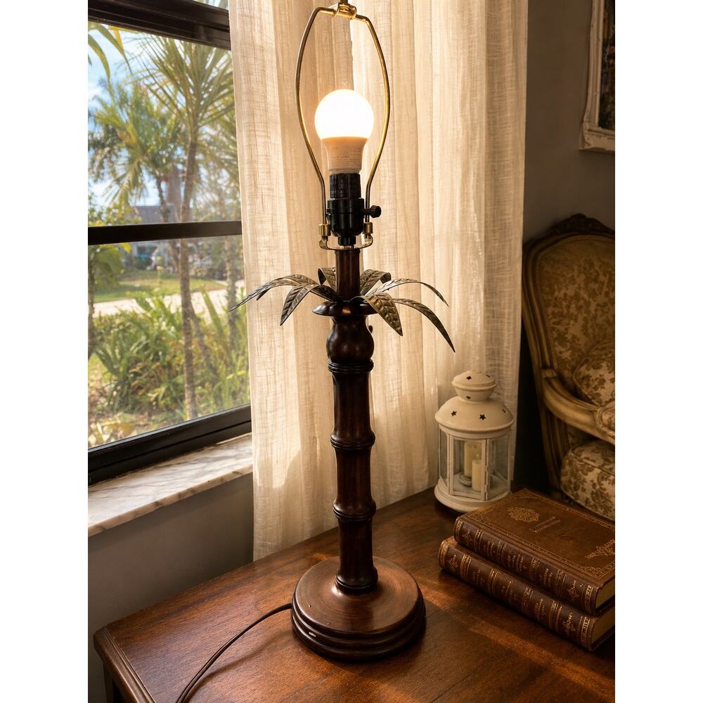 table lamp style Aldo Tura or Maison Jansen carved wood faux bamboo metal palm